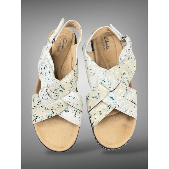 Clarks Shoes - Clarks Collection Arla Glitz Wedge Sandals Cream Teal Floral Womens 9